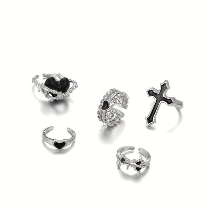 Gothic Punk Rock Black & Silver Adjustable Ring Set (5pcs) - Le Joyau Store - Alloy,Gothic,Heart,Punk,Vintage - 