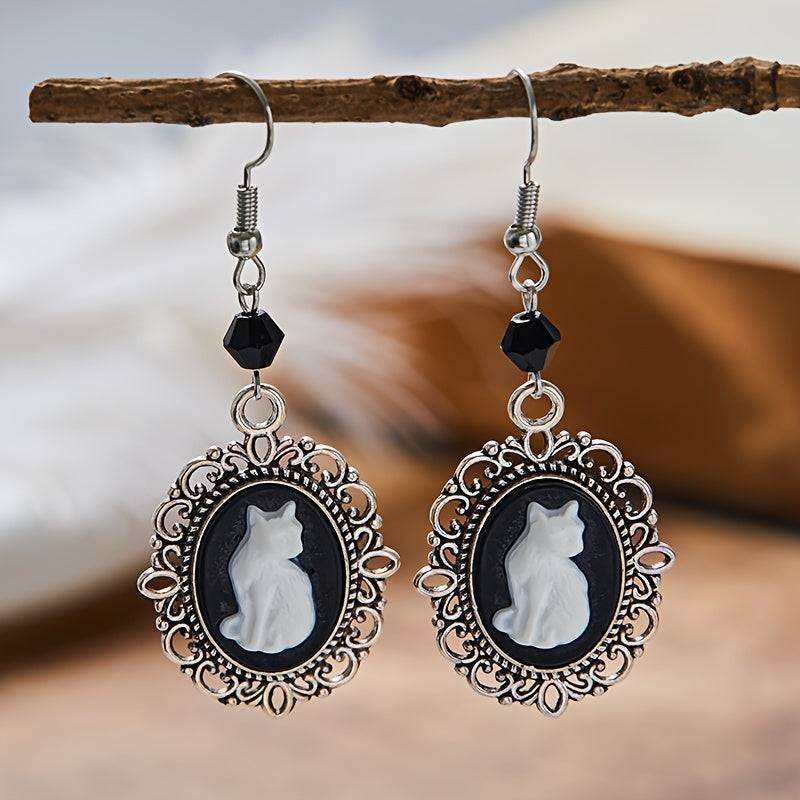 Gothic Black & White Cat Vintage Filigree Cameo Women's Dangle Earrings - Le Joyau Store - beaded,black,vintage - 