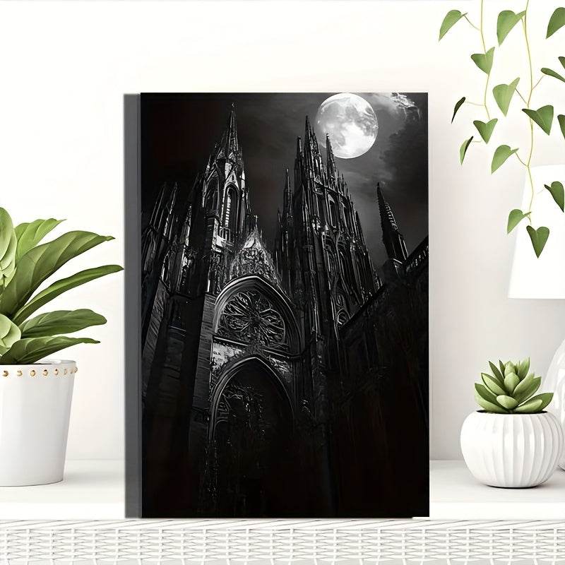 Gothic Cathedral Moonlit Night Monochrome Medieval Architecture Framed Canvas Art Print - Le Joyau Store - bedroom,dark,gothic,living room,medieval - 08×12×0.75 inch-Framed