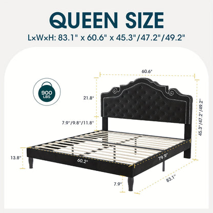Luxury Black Velvet Upholstered Diamond Buttoned Tufted Tiara Headboard Bedframe - Le Joyau Store - Black,King,Queen,Tufted,Velvet - Full / Black