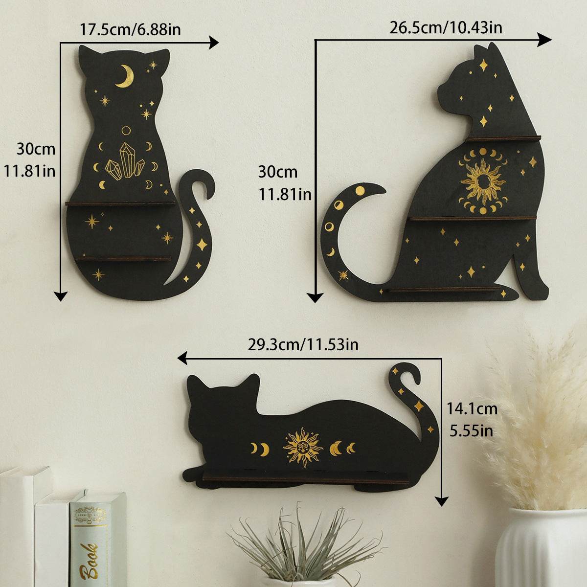 Gothic Black Cat Crystal Display Shelf Wooden Celestial Wall Rack for Witches & Mystics - Le Joyau Store - Crystal,Gothic,Home,Wall,Wooden - 29.3x14.1cm / Type A