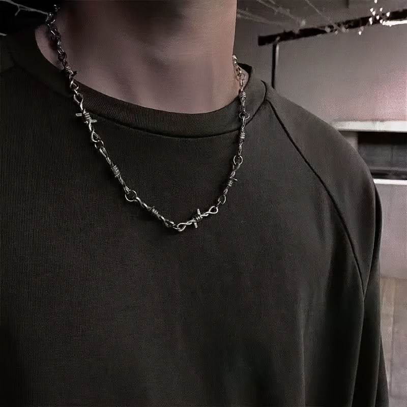 Gothic Punk Rock Twist Spiked Thorns Silver Barbed Wire Chain Necklace - Le Joyau Store - Alloy,Chain,Daily,Punk,Spiked - 