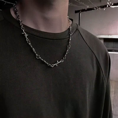 Gothic Punk Rock Twist Spiked Thorns Silver Barbed Wire Chain Necklace - Le Joyau Store - Alloy,Chain,Daily,Punk,Spiked - 