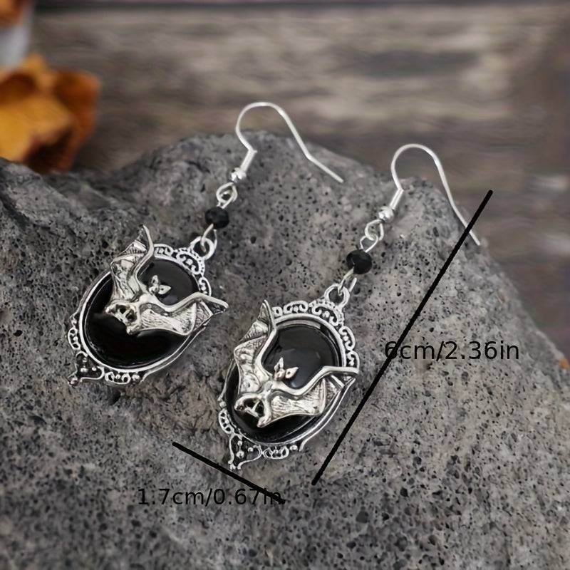 Vintage Gothic Bat Earrings – Victorian Black Stone & Silver Dangle Cameo Earrings - Le Joyau Store - Drop,Gothic,Halloween,Silvery,Vintage - Bat