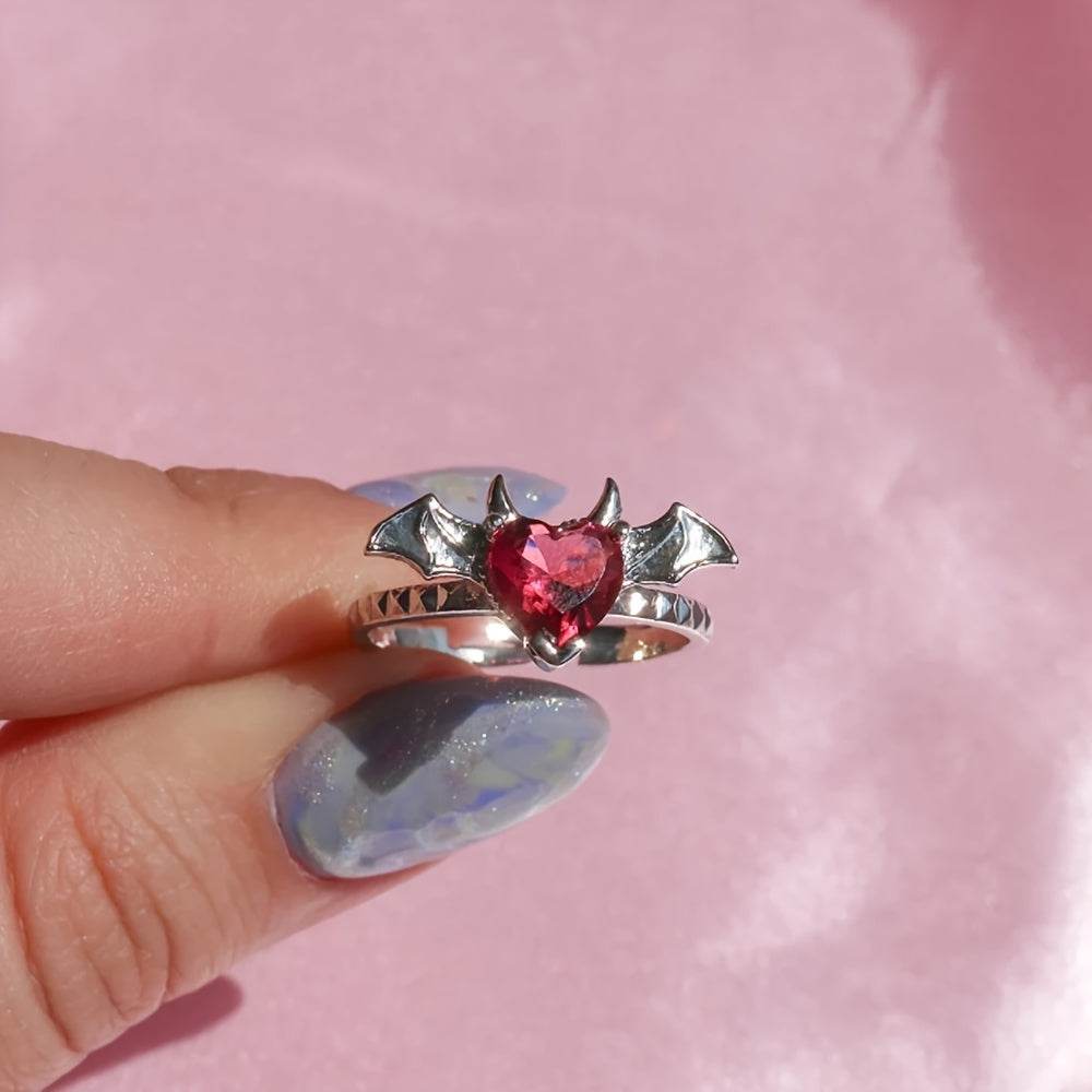 Vampire Bat Gothic Silver Women's Ring with Red Zirconia Heart - Le Joyau Store - Adjustable,Alloy,Gothic,Punk,Zirconia - 
