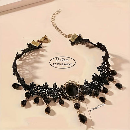 Antique Victorian Gothic Style Black Lace Choker Necklace with Black Gemstones - Le Joyau Store - Black Lace,Elegant,Gothic,Synthetic Gem,Tassel - 
