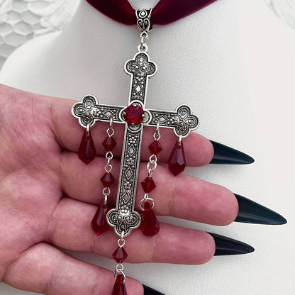Vintage Gothic Vampire Ornate Engraved Silver & Velvet Cross Choker Necklace with Red Dripping Gems - Le Joyau Store - cross,gems,gothic,vintage,zircon - 