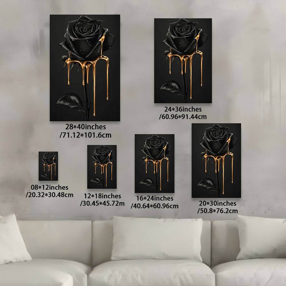 Gothic Luxury Black Rose with Golden Drip Wood Canvas Wall Art Print - Le Joyau Store - Art Deco,Black Rose,Floral,Framed,Luxury - 08x12x0.75inch