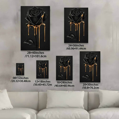 Gothic Luxury Black Rose with Golden Drip Wood Canvas Wall Art Print - Le Joyau Store - Art Deco,Black Rose,Floral,Framed,Luxury - 08x12x0.75inch