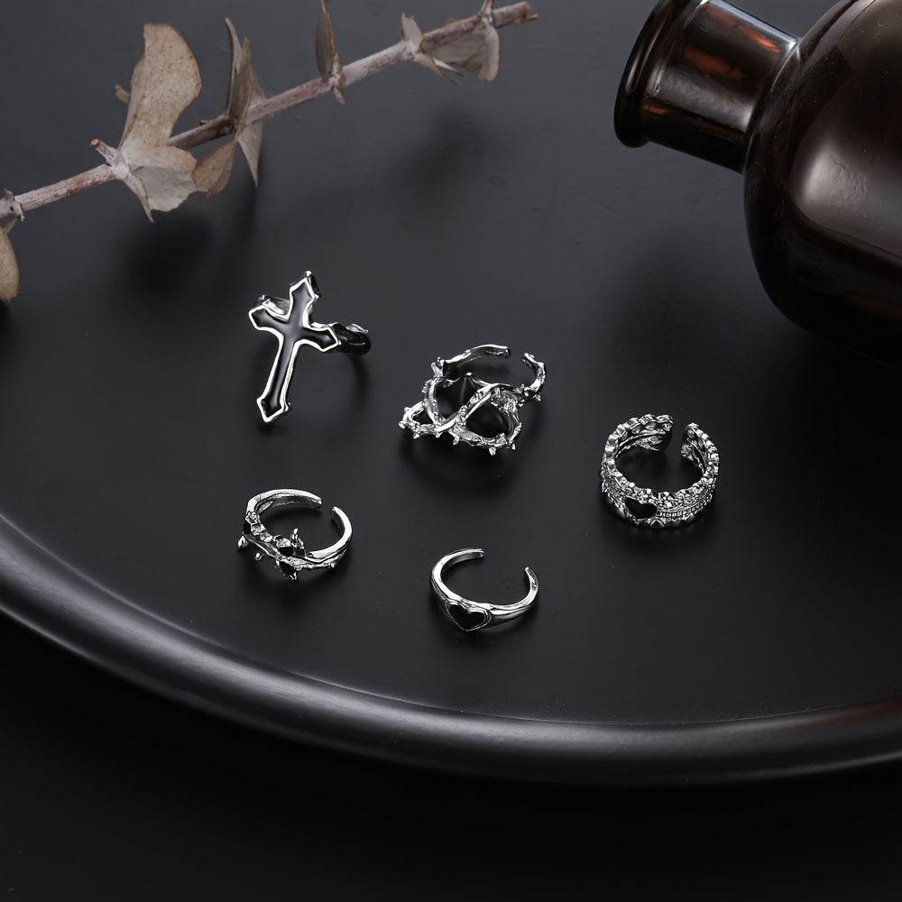 Gothic Punk Rock Black & Silver Adjustable Ring Set (5pcs) - Le Joyau Store - Alloy,Gothic,Heart,Punk,Vintage - 