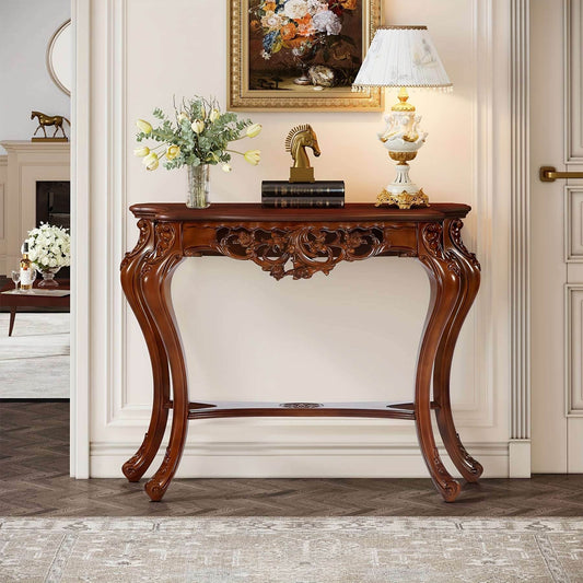 Antique Brown Vintage Floral Wooden Console Table with Cabriole Legs - Le Joyau Store - Brown,Floral,Rustic,side table,Vintage,Wood - 