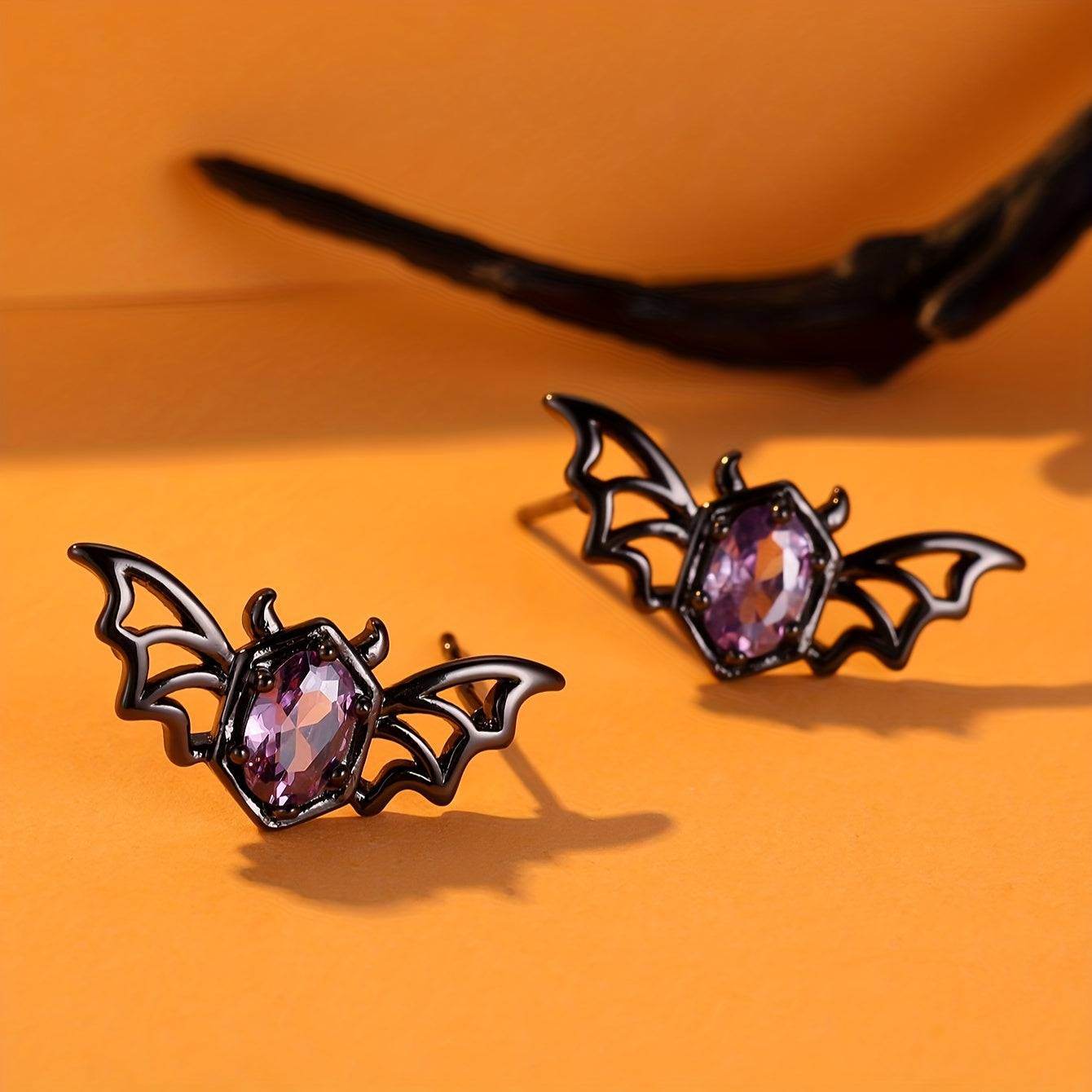 Cute Gothic Punk Hollow Bat Wings Women's Stud Earrings with Purple Gemstone - Le Joyau Store - Black,Gothic,Metal,Punk,Purple - 