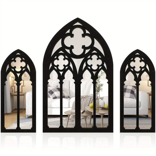 Gothic Black Vintage Victorian Cathedral Arch Frame Wall Decor Mirrors (3 Pcs) - Le Joyau Store - Gothic,Mirror,Vintage,Wooden - 
