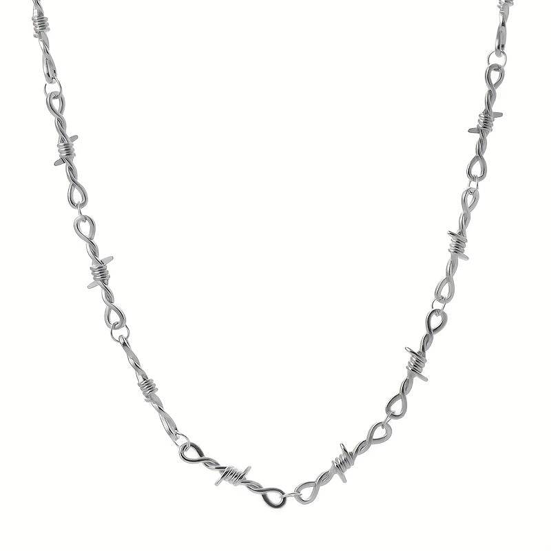 Gothic Punk Rock Twist Spiked Thorns Silver Barbed Wire Chain Necklace - Le Joyau Store - Alloy,Chain,Daily,Punk,Spiked - 