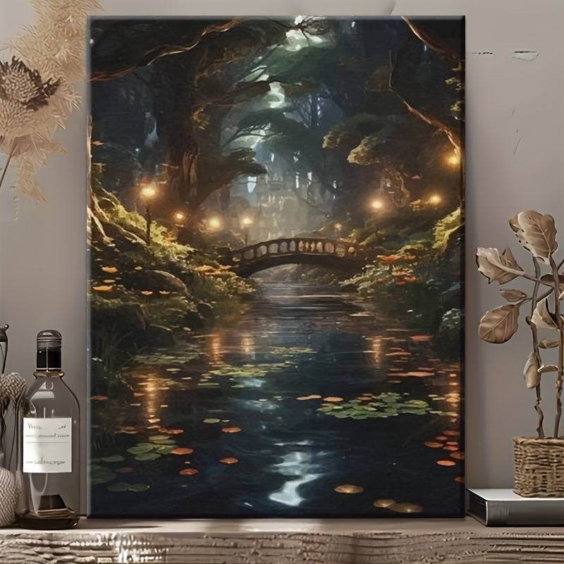 Mystical Enchanted Fantasy Forest Night Lake Bridge Wooden Canvas Art Print - Le Joyau Store - Cottage,Enchanted,Fantasy,Landscape,Wooden - 08×12×0.75inch-Framed