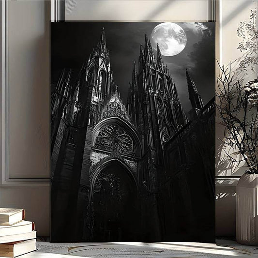Gothic Cathedral Moonlit Night Monochrome Medieval Architecture Framed Canvas Art Print - Le Joyau Store - bedroom,dark,gothic,living room,medieval - 08×12×0.75 inch-Framed
