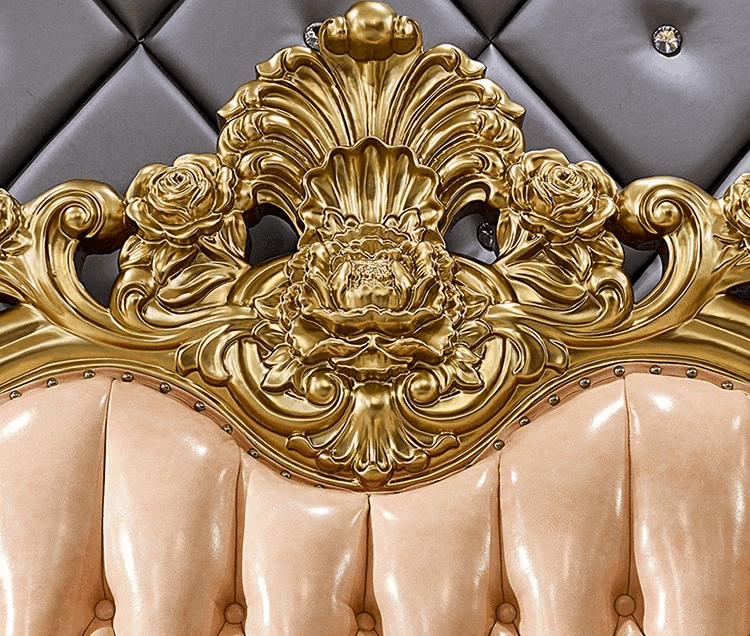 Royal European King Size Light Pink Leather Bed with Gold Engraved Gilded Filigree Headboard - Le Joyau Store - Headboard,Leather,Luxury,Queen,Trendy - 1.8x2m King Bed