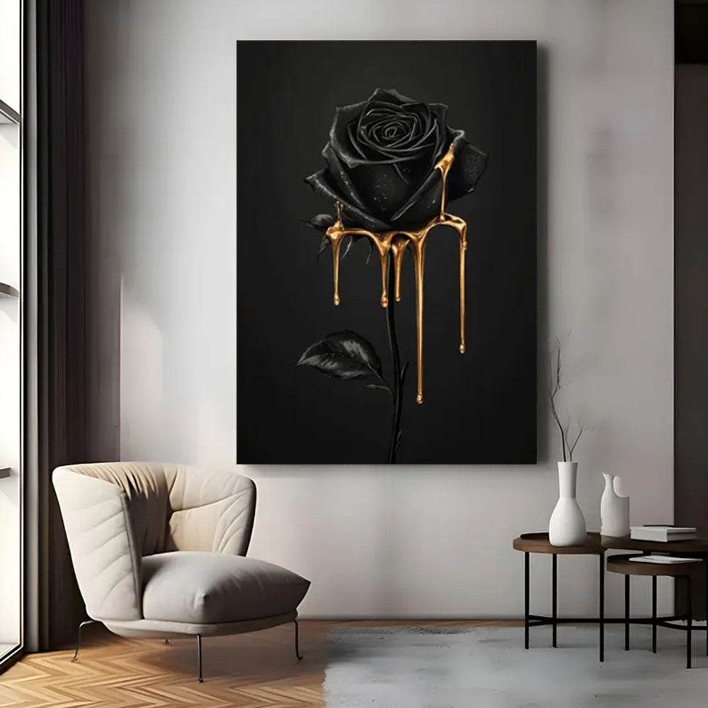 Gothic Luxury Black Rose with Golden Drip Wood Canvas Wall Art Print - Le Joyau Store - Art Deco,Black Rose,Floral,Framed,Luxury - 08x12x0.75inch