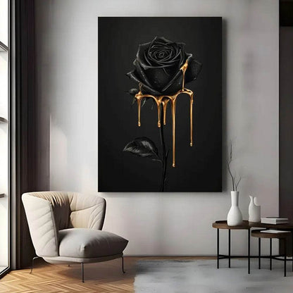 Gothic Luxury Black Rose with Golden Drip Wood Canvas Wall Art Print - Le Joyau Store - Art Deco,Black Rose,Floral,Framed,Luxury - 08x12x0.75inch