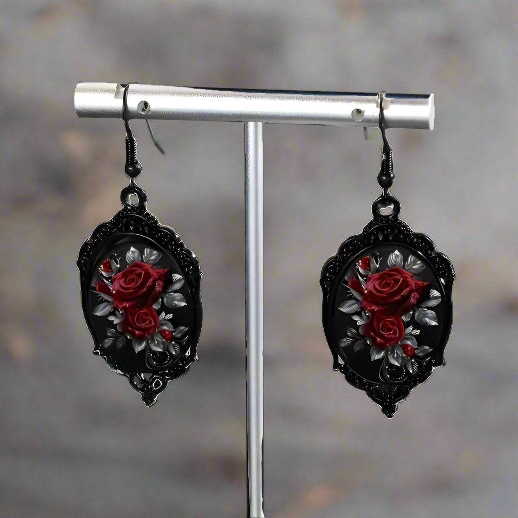 Vintage Red Rose Black Cameo Frame Gothic Women's Dangle Earrings - Le Joyau Store - Alloy,Dangle,Glass,Red Rose,Vintage - 