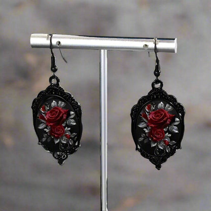 Vintage Red Rose Black Cameo Frame Gothic Women's Dangle Earrings - Le Joyau Store - Alloy,Dangle,Glass,Red Rose,Vintage - 