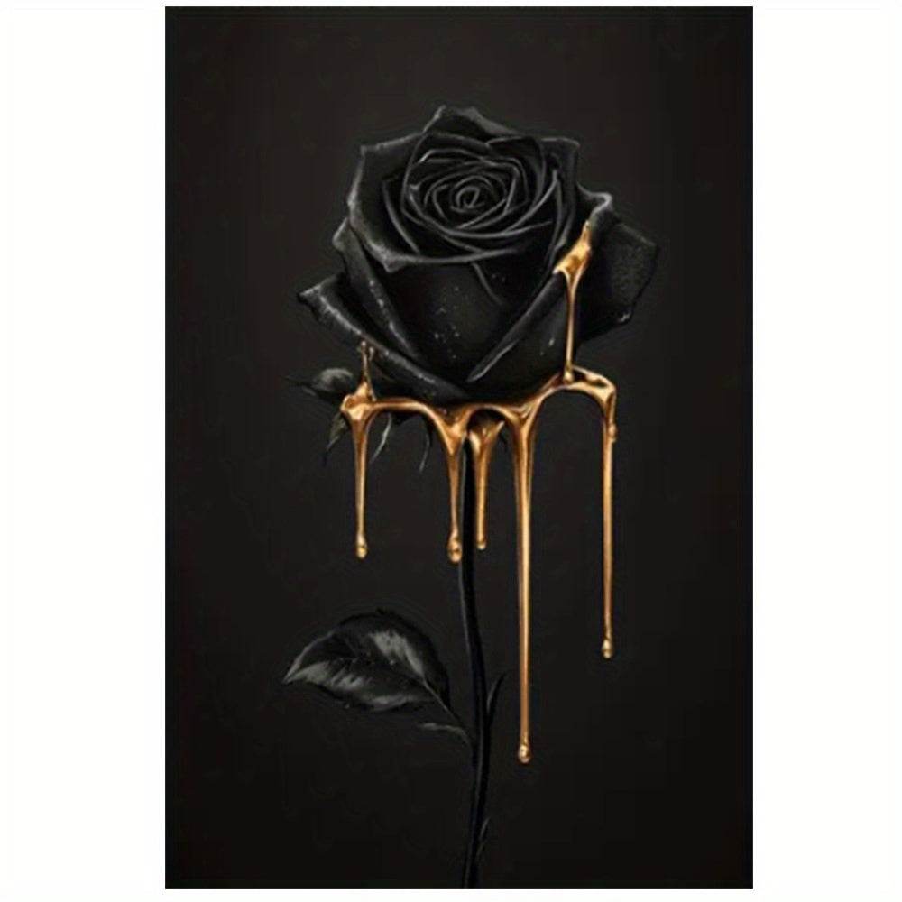 Gothic Luxury Black Rose with Golden Drip Wood Canvas Wall Art Print - Le Joyau Store - Art Deco,Black Rose,Floral,Framed,Luxury - 08x12x0.75inch