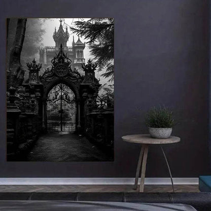 Gothic Castle Gate Victorian Black & White Wooden Canvas Art Print - Le Joyau Store - Canvas Art,Gift,Gothic,Home,Wood Frame - Framed 08×12inch/20.32×30.48cm-1 pc