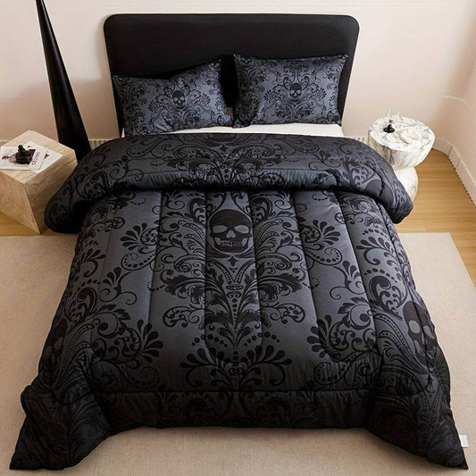 Gothic Dark Gray Skull & Filigree Victorian Baroque Bedding Quilt Set (3Pcs) - Le Joyau Store - black,gothic,gray,polyester,skull - Twin (68.11''*90.16'')