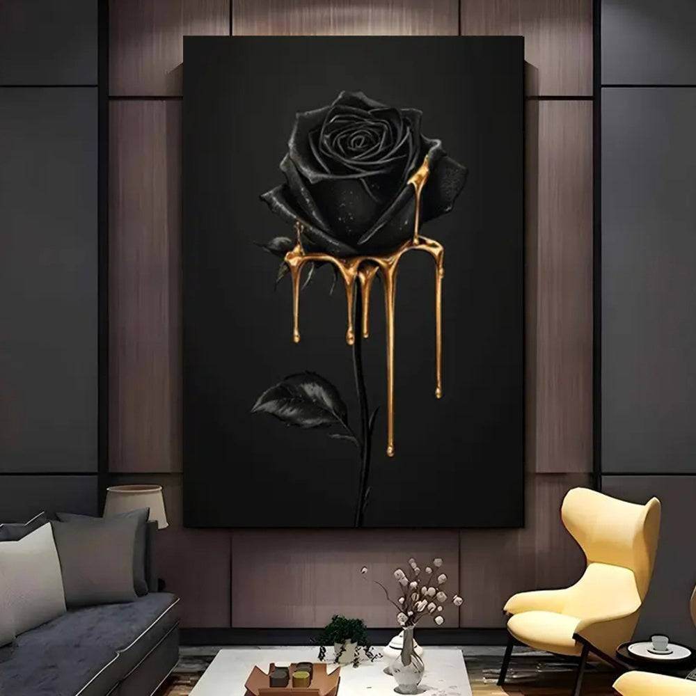 Gothic Luxury Black Rose with Golden Drip Wood Canvas Wall Art Print - Le Joyau Store - Art Deco,Black Rose,Floral,Framed,Luxury - 08x12x0.75inch