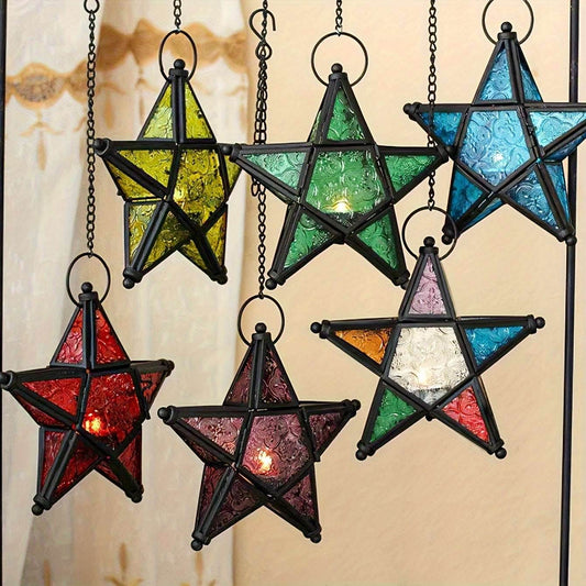 Stained Glass Window Pentagram Hanging Iron Embossed Glass Candle Holder - Le Joyau Store - Glass,Hanging,Metal,Pentagram,Windproof - Red