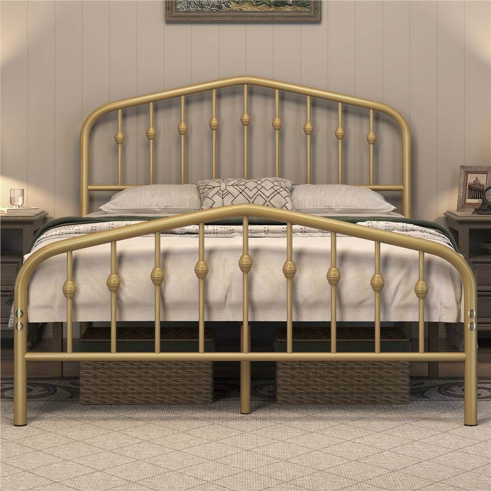 Rustic Metal Bedframe Queen/Full/Twin Size Platform Bed with Arched Crown Headboard & Footboard - Le Joyau Store - Gold,Metal,Modern,Queen,Storage - Full / Antique Gold