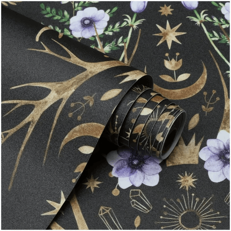 Gothic Mystical Forest Stag Antlers & Woodland Flowers Self Adhesive Wallpaper - Le Joyau Store - Black,Flowers,Removable,Retro,Vinyl - 17.7x118 inches