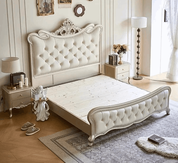 Luxury European Genuine Leather King Size Cream Royal Bed with Light Gold Engraved Headboard - Le Joyau Store - Double Bed,European,Luxury,Multifunction - 1.5x2.0M / Bed Only