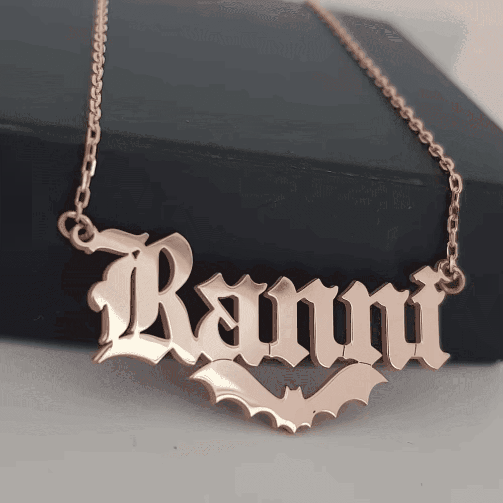 925 Sterling Silver 18K Plated Personalized Gothic Bat Name Necklace - Custom Old English Font - Le Joyau Store - bat lovers,name plate necklace - Gold / 16 inches