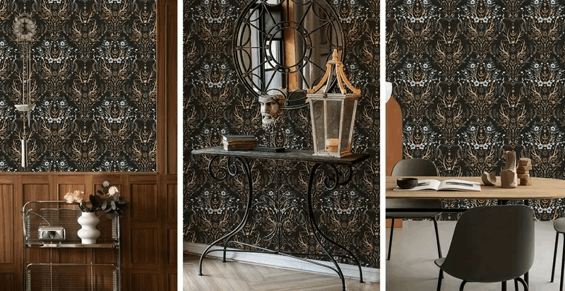 Gothic Mystical Forest Stag Antlers & Woodland Flowers Self Adhesive Wallpaper - Le Joyau Store - Black,Flowers,Removable,Retro,Vinyl - 17.7x118 inches