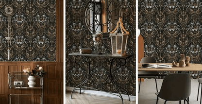 Gothic Mystical Forest Stag Antlers & Woodland Flowers Self Adhesive Wallpaper - Le Joyau Store - Black,Flowers,Removable,Retro,Vinyl - 17.7x118 inches
