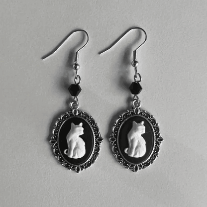 Gothic Black & White Cat Vintage Filigree Cameo Women's Dangle Earrings - Le Joyau Store - beaded,black,vintage - 