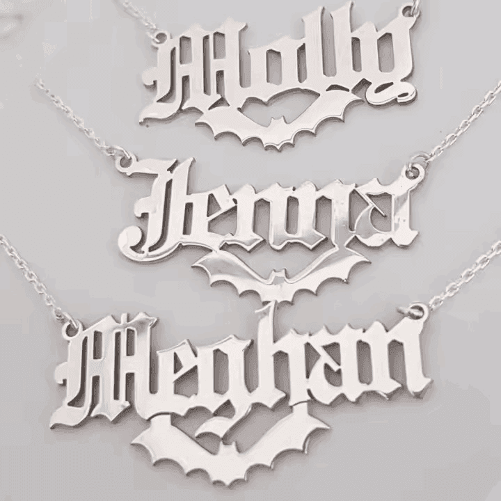 925 Sterling Silver 18K Plated Personalized Gothic Bat Name Necklace - Custom Old English Font - Le Joyau Store - bat lovers,name plate necklace - Gold / 16 inches