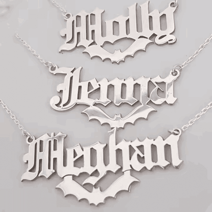 925 Sterling Silver 18K Plated Personalized Gothic Bat Name Necklace - Custom Old English Font - Le Joyau Store - bat lovers,name plate necklace - Gold / 16 inches