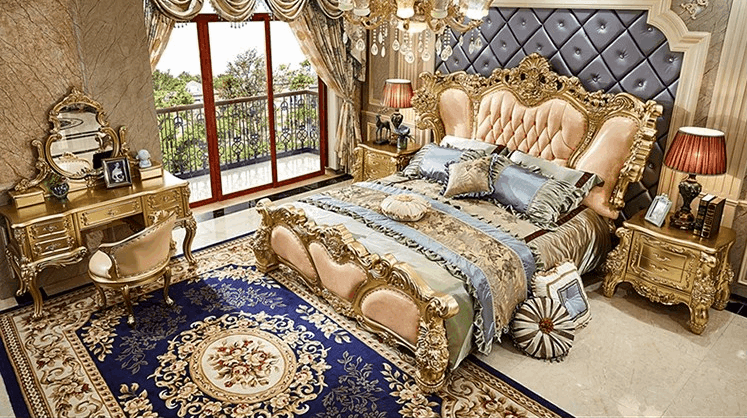 Royal European King Size Light Pink Leather Bed with Gold Engraved Gilded Filigree Headboard - Le Joyau Store - Headboard,Leather,Luxury,Queen,Trendy - 1.8x2m King Bed