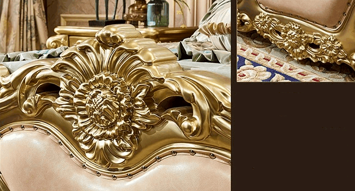Royal European King Size Light Pink Leather Bed with Gold Engraved Gilded Filigree Headboard - Le Joyau Store - Headboard,Leather,Luxury,Queen,Trendy - 1.8x2m King Bed