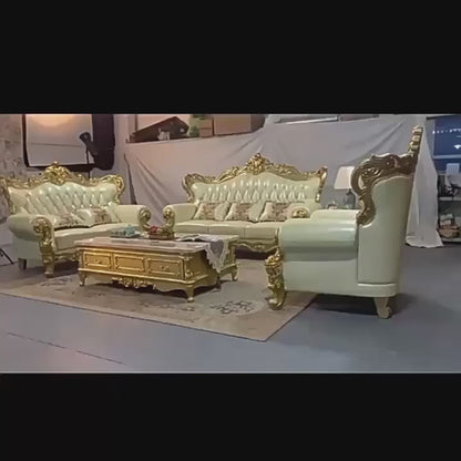Royal European Cream Quilted Leather & Gilded Wooden Golden Living Room Sofa Set