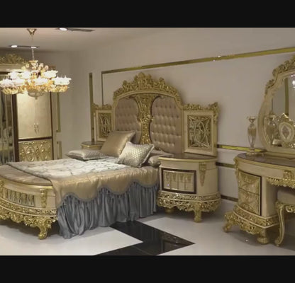 Luxury Royal Baroque Gold Double Bed European Bedroom Furniture with Optional Side Table
