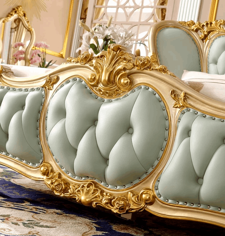 European Royal Mint Green Plush Leather King Size Luxury Bedframe with Gold Engraved Headboard - Le Joyau Store - Bedroom,Green,King Size,Leather,Modern - Bed Only