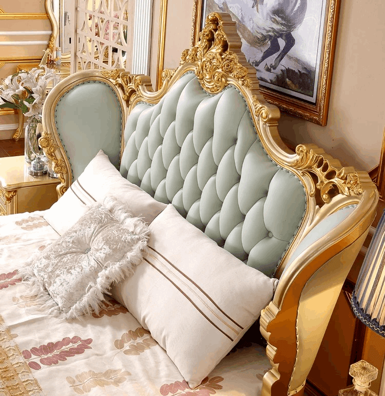 European Royal Mint Green Plush Leather King Size Luxury Bedframe with Gold Engraved Headboard - Le Joyau Store - Bedroom,Green,King Size,Leather,Modern - Bed Only