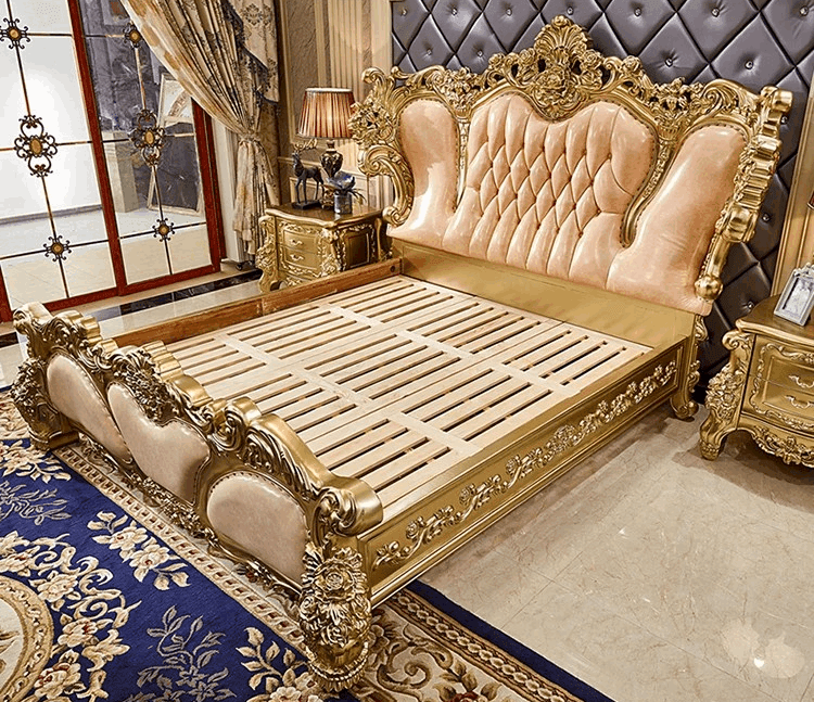 Royal European King Size Light Pink Leather Bed with Gold Engraved Gilded Filigree Headboard - Le Joyau Store - Headboard,Leather,Luxury,Queen,Trendy - 1.8x2m King Bed