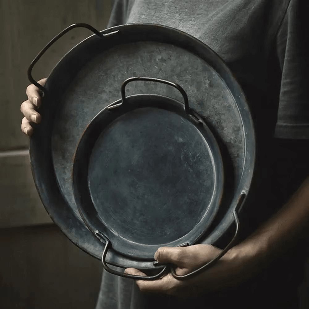 Vintage Rustic Iron Bread & Snack Tray with Handles Farmhouse Kitchen Decor & Photography Prop - Le Joyau Store - antique,decor,handles,metal tray,vintage - 20cm