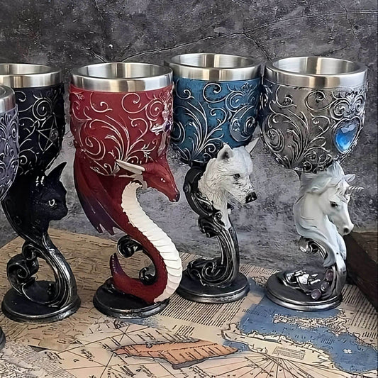 Medieval Creatures Gothic Dragon, Wolf, Black Cat Shaped Wine Glass Goblet - Le Joyau Store - Black Cat,Dragon,Etched,Stainless - Red Dragon