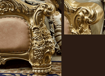 Royal European King Size Light Pink Leather Bed with Gold Engraved Gilded Filigree Headboard - Le Joyau Store - Headboard,Leather,Luxury,Queen,Trendy - 1.8x2m King Bed
