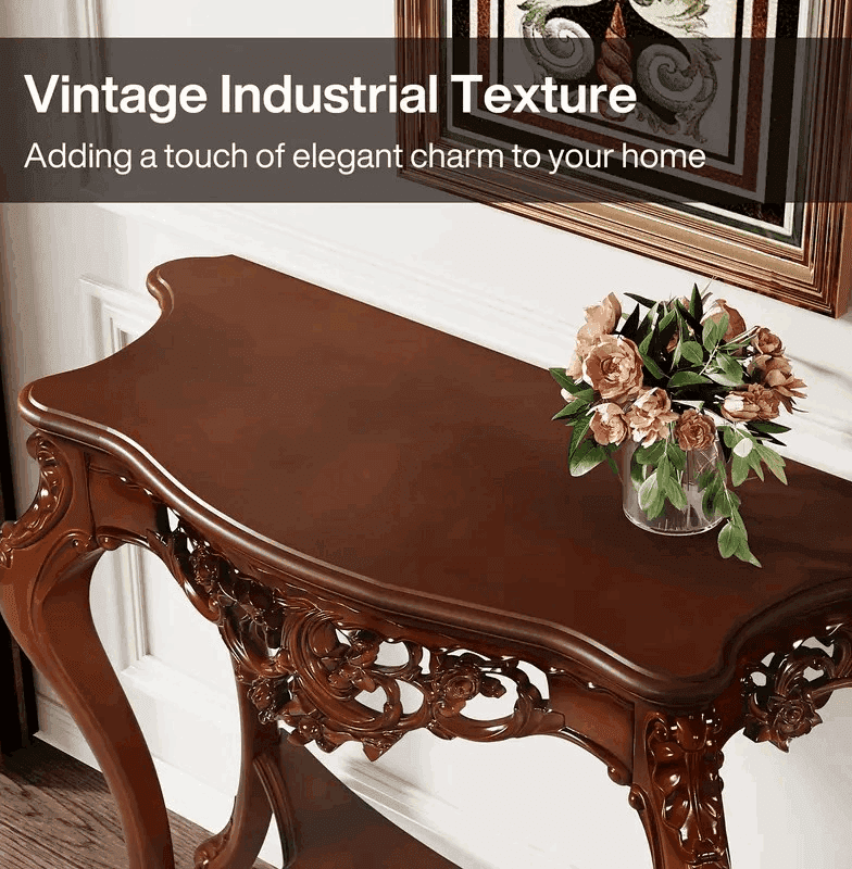 Antique Brown Vintage Floral Wooden Console Table with Cabriole Legs - Le Joyau Store - Brown,Floral,Rustic,side table,Vintage,Wood - 